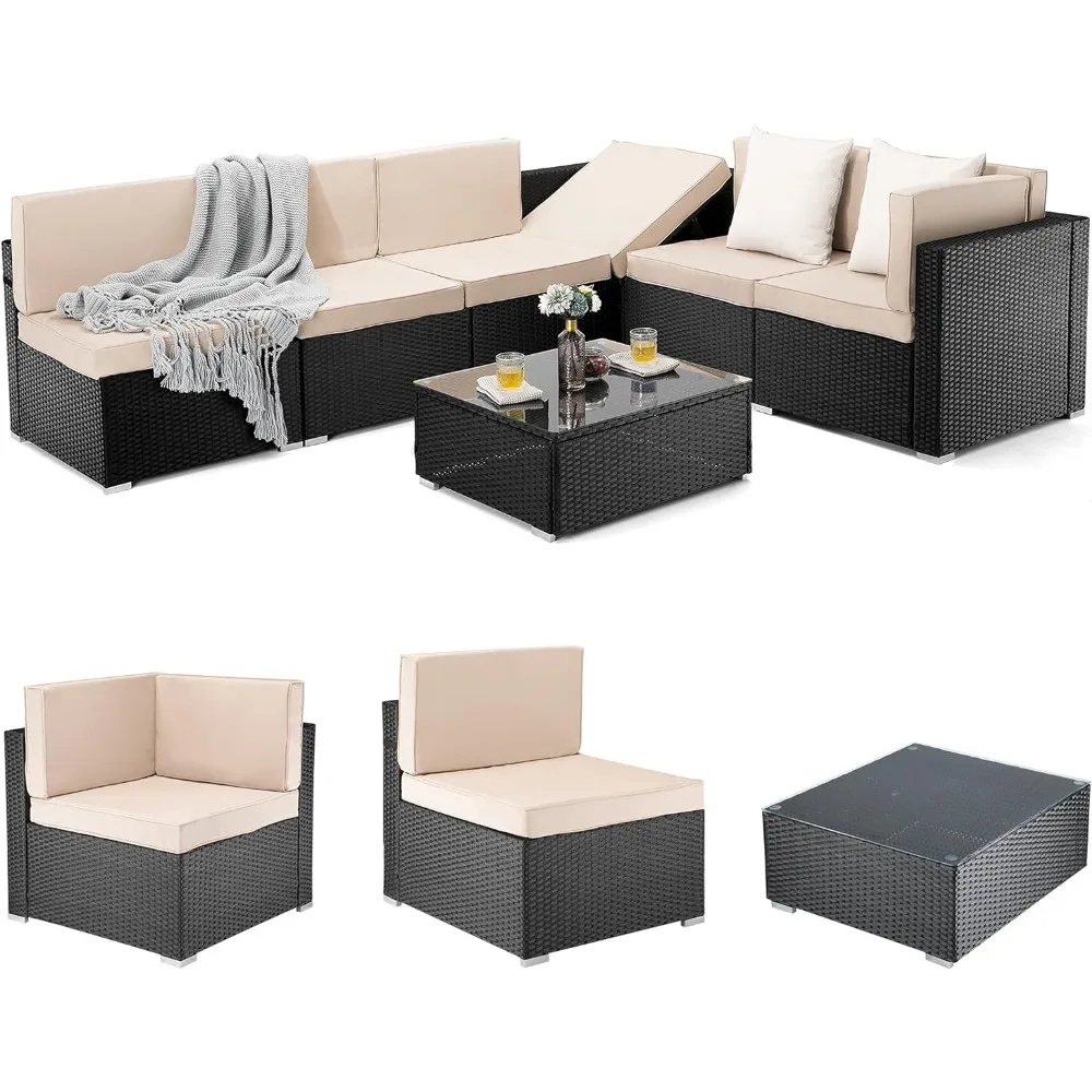 

7 Pieces Outdoor Sectional Furniture Relax Chair Beach Wicker Patio Sectional Furniture Sets Living Room Armchairs Wooden Chairs