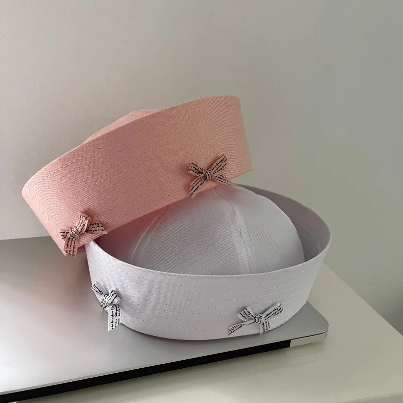 Japanese Cute Letter Bow Turned Brim Sailor Hat Women Sweet Solid Color Spring and Autumn Versatile Uniform Kpop Bucket Hats