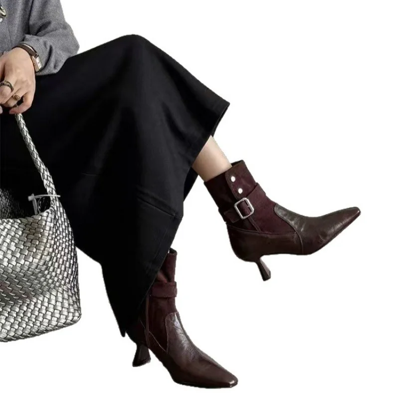 صغيرتي سميكة سوليد صندل بكعب مكتنز أحذية بوت قصيرة للنساء2025New الخريف الرجعية الجلد المدبوغ الترا عالية الكعب تمتد أحذية ضئيلة #5