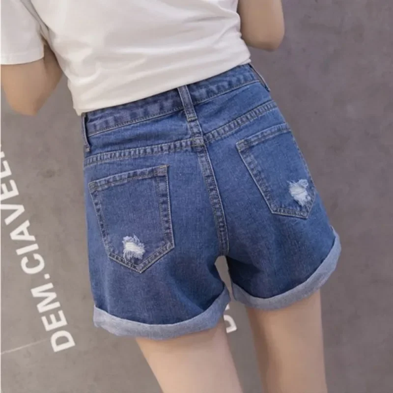 New Women Hollow Out Cuffed Denim Shorts Summer Vintage High Waist Wide Leg Jeans Shorts Spring Fashion Chic Student Hot Pants