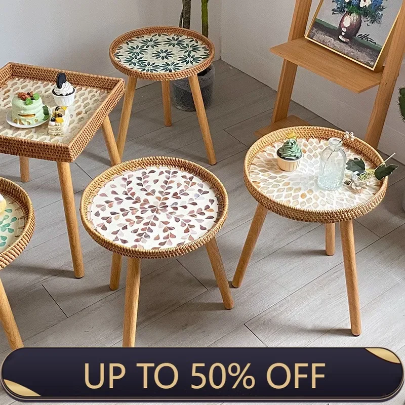 Handmade Rattan Shell A Variety Of Colorful Studs Storage Household Coffee Table Light Luxury Modern Senior Small Side Table