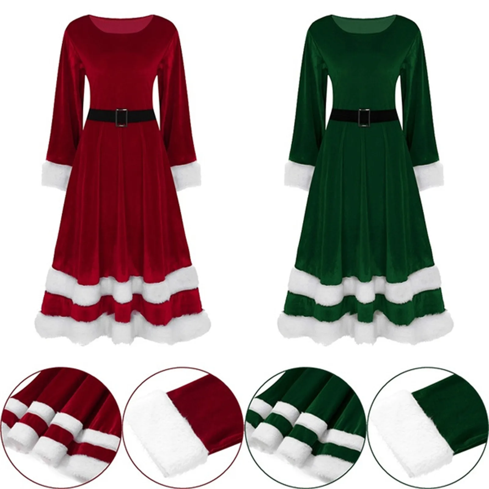 

Women's Mrs Santa Claus Costume Plus Size Santa Velvet Long Sleeve Dress with Belts Female Cosplay Suit Christmas Fancy Dress