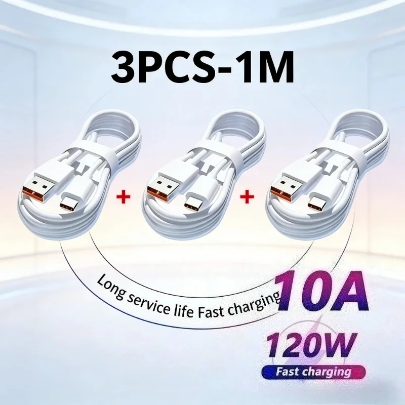 New 10A 120W USB C Fast Charging Cable 3PCS Type C Cord for Huawei Xiaomi Samsung Redmi Phones Quick Charge Data Transfer Wire
