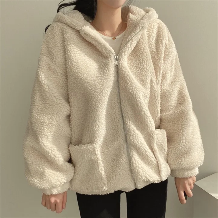 Loose Zipper Hooded Jacket 2024 Women Thicken Korean Version Plush Thickened Lamb Wool Cotton Middle Length Coat Winter