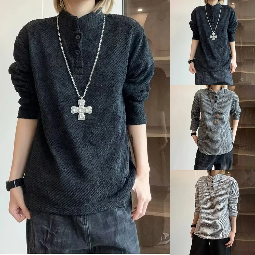 

Мужская полосатая футболка с длинным рукавом в стиле ретро, воротник-стойка, базовый слой, пуловер, весна-осень, повседневная винтажная футболка, мужская одежда, топ