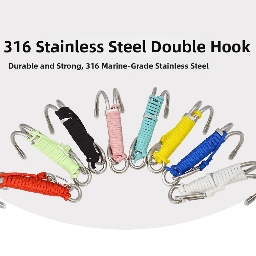 Dive Hook Double Ended for Scuba Stability 316 Stainless Steel with 7 Core Nylon Cord 3mm and for Quick Release Clip