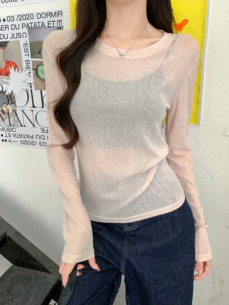 2026 Summer Thin Sesy See-through Tees Sun Protection Long Sleeve Women's T-Shirt New Ice Silk Solid Color Loose Casual Top