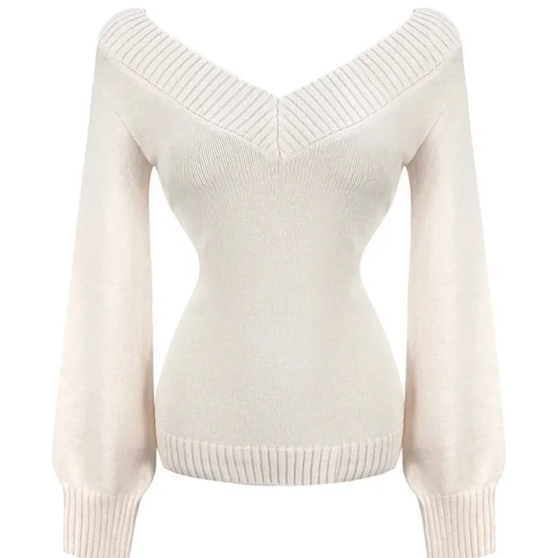 Korean Dongdaemun Spring Summer New Style V-neck Solid Color Sweater Long Sleeve Women's Knitted Wear Slim Fit Personality