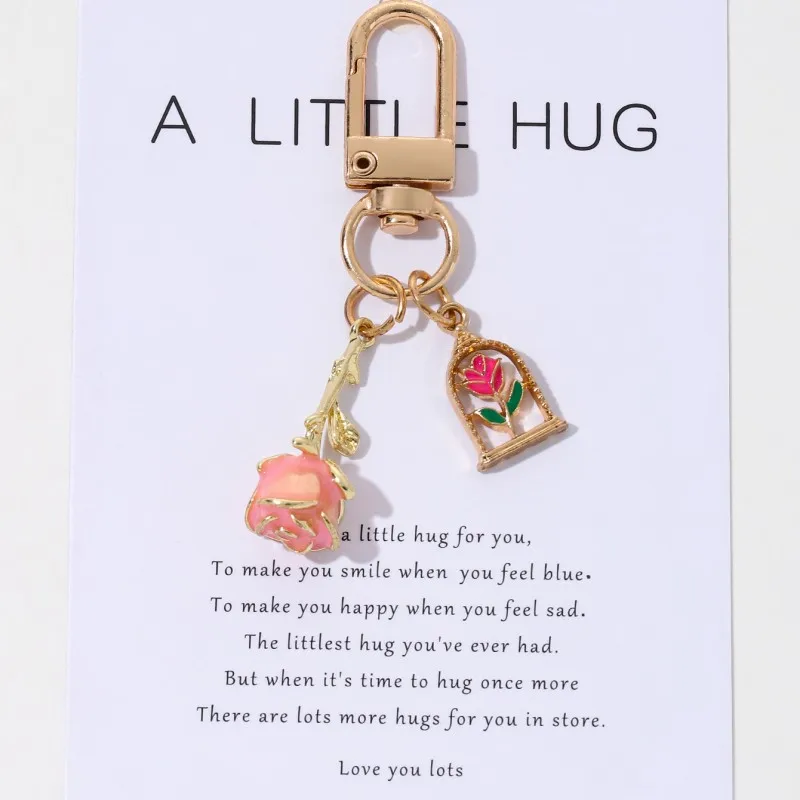 1pc Valentine\'s Day Colorful Rose Small Hug Dropping Enamel Keychain Romantic and Beautiful Style Car Bag Keyring Gift Souvenir