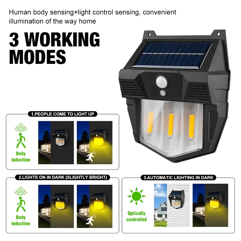 ไฟไส้หลอดทังสเตนพลังงานแสงอาทิตย์1/2/2/3 LED, IP65กลางแจ้งโคมไฟผนัง LED เหนี่ยวนำอัจฉริยะกันน้ำสำหรับลานกลางแจ้งสวน