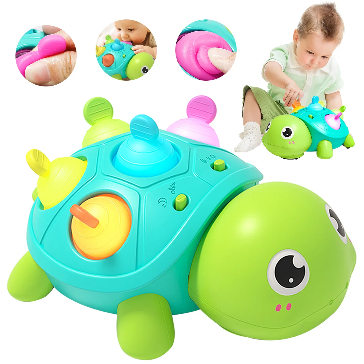 Giocattolo tartaruga per bambini, giocattoli striscianti per bambini con luce e suono, regali di compleanno educativi per lo sviluppo infantile per ragazzo e ragazza