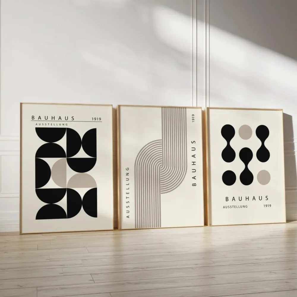 3 Frameless Bauhaus Exhibition Posters,Mid-century Modern Poster,Bauhaus Black Printing,Geometry,Numbers,Living Room Decoration