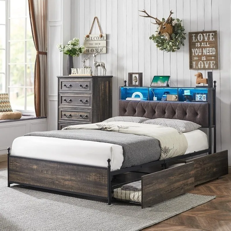 

Full Size Bed Frame with Storage Upholstered Headboard and 4 Drawers, Farmhouse Metal Platform Bed