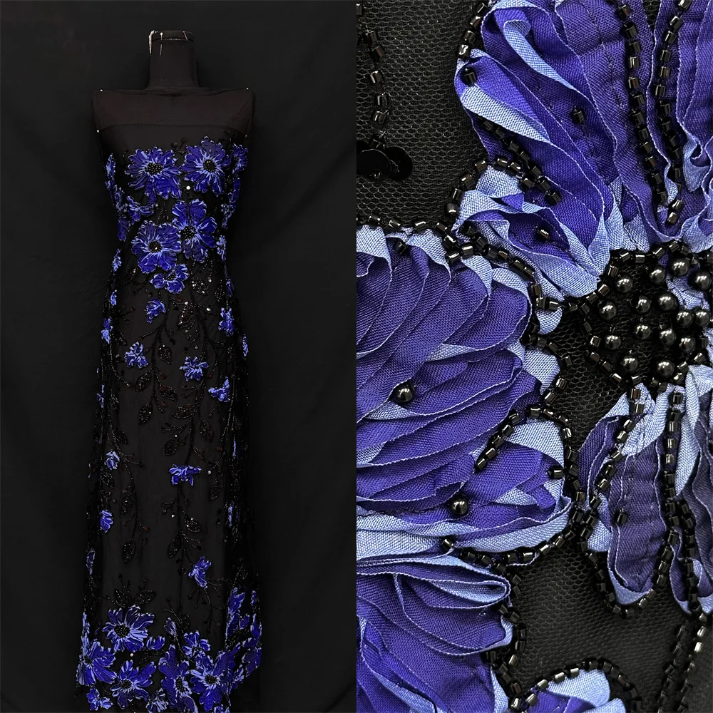 Luxury French Mesh 3d Beaded Lace Fabric 2025 High Quality African Sequins Chiffon Lace Fabrics For Nigerian Wedding Dress Sew
