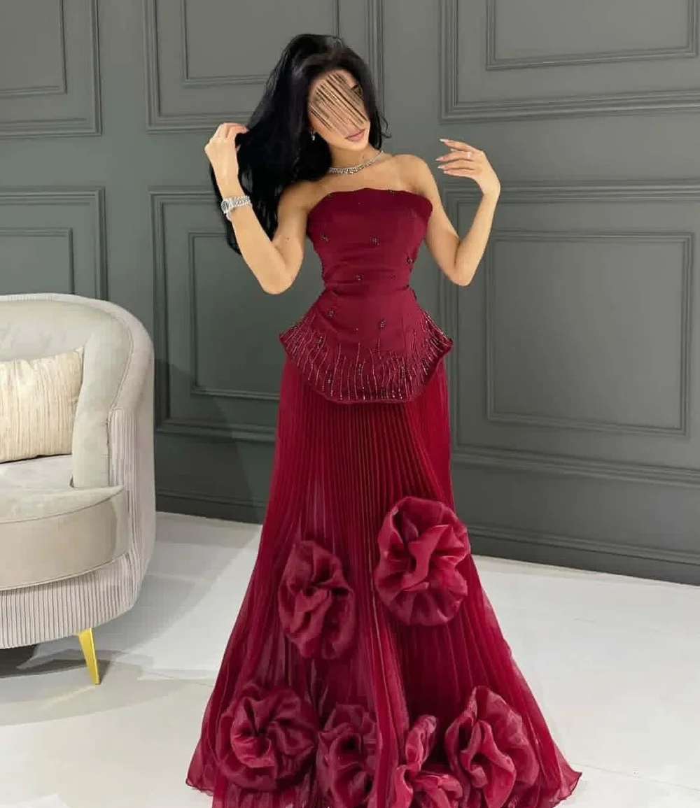 

Customized Chinese Style Jersey Flower Sequined Pleat A-line Strapless Long Dresses Bespoke Occasion Classic