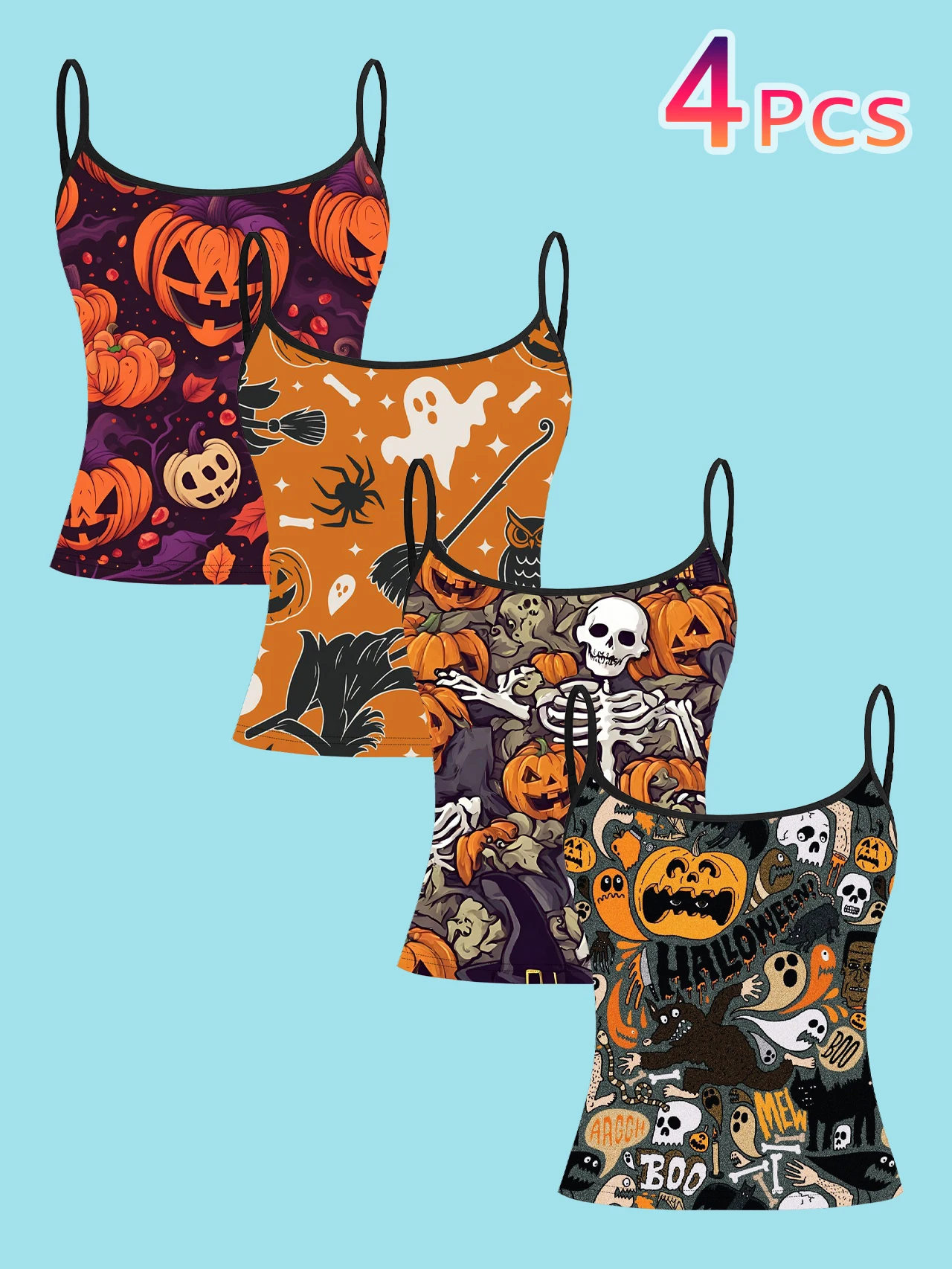 4-Pack Halloween Cartoon All-Over Print Women's Camisole Tops with Pumpkin, Ghost, Spider, and Skull Fun Graffiti Prints, Slim-Fit Spaghetti Strap Short Camisole Tops
