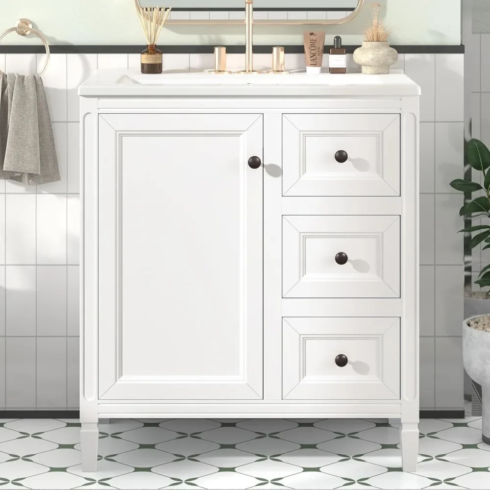 

30" Bathroom Vanity with Sink,Freestanding Bathroom Vanity and Basin Sink Combo with Three Drawers and Two Door Shelves, (White)