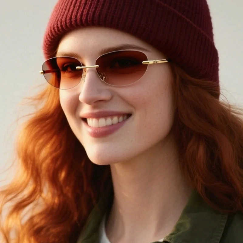 

Sunglasses Men Women Oval Frameless Glasses Brand Luxury Designer Vintage Glass Outdoor Holiday Gifts Accessory lentes de sol