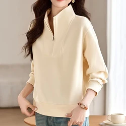 Hoodies High-neck Solid Color Zipper Lantern Long Sleeve Pullover Women's Clothing Casual Elegant Sports Office Lady Tops