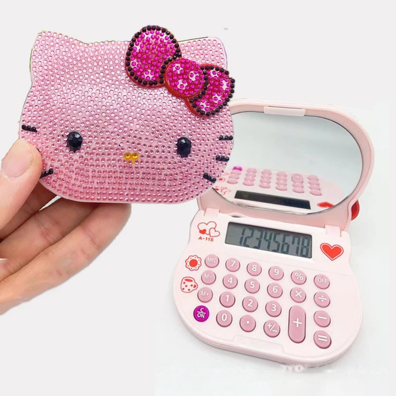 Sanrio Hello Kitty Stuff Diamond Calculator Kawaii Mirror Calculator Sticky Drill Cosmetic Mirror Kt Figure Princess Girls Gifts