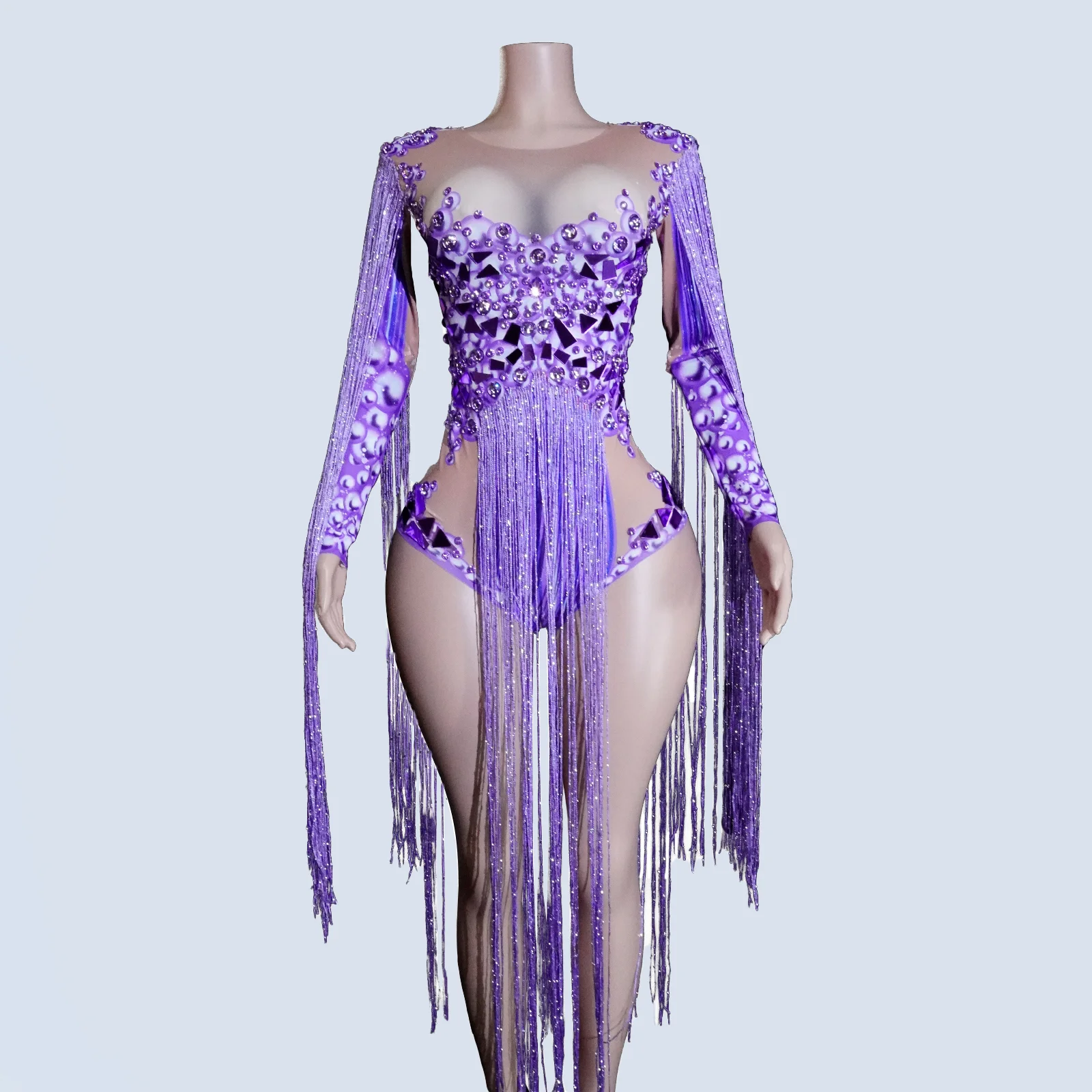 

Sexy Purple Fringes Rhinestones Bodysuit Outfits Stage Performance Party Birthday Club Drag Queen Costume NightClub Latin Dance
