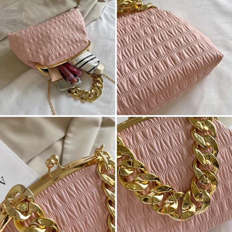 Gold chunky necklace women\'s bag Pleated Gold metal frame clip bags for women small Shoulder messenger Bag fashion lady handbag