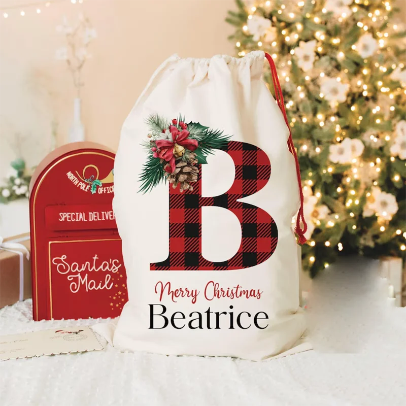 30 x 40 cm große Weihnachts-Geschenktüten mit individuellem Namen und Initiale, personalisierter Weihnachtssack für alle Altersgruppen, Weihnachtsgeschenk-Sack und Strumpf-Stil-Dekor
