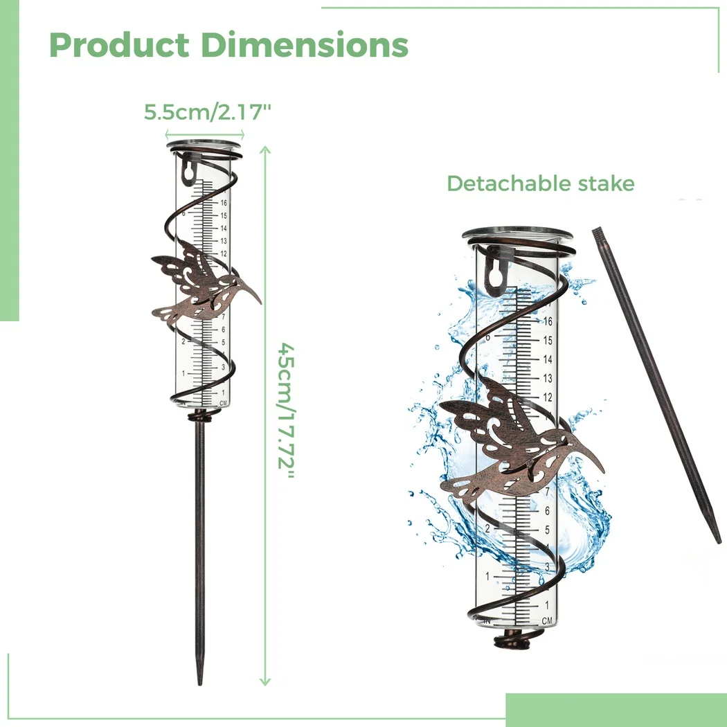 Miernik deszczu na zewnątrz ze szklaną rurką z kolibrem dekoracja obejścia deszczomierza do domu ogrodowego do ogrodu na trawnik ogrodowego