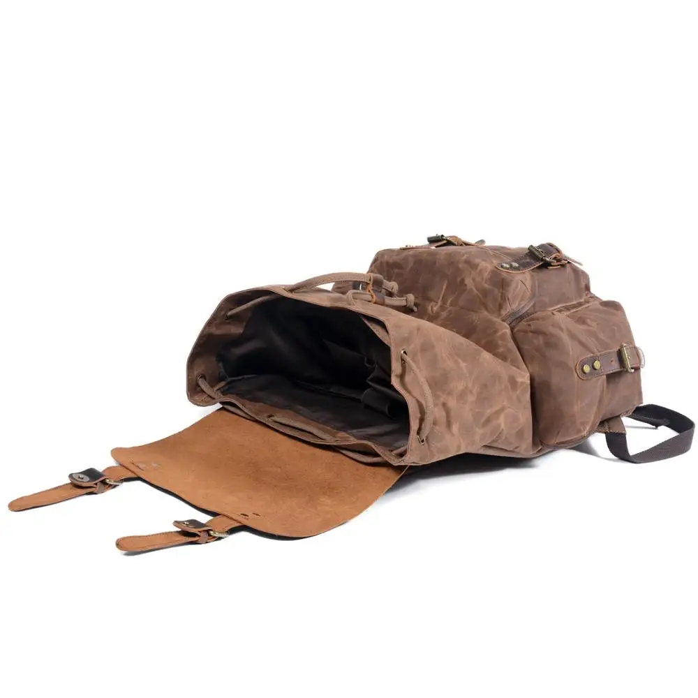 Oil Waxed Traveling Students Rucksacks Large Capacity Waterproof Laptop Daypacks Pure Cotton Canvas Leather Backpacks