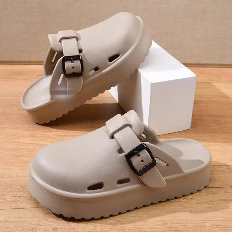 Khaki - buckle strap heel mules