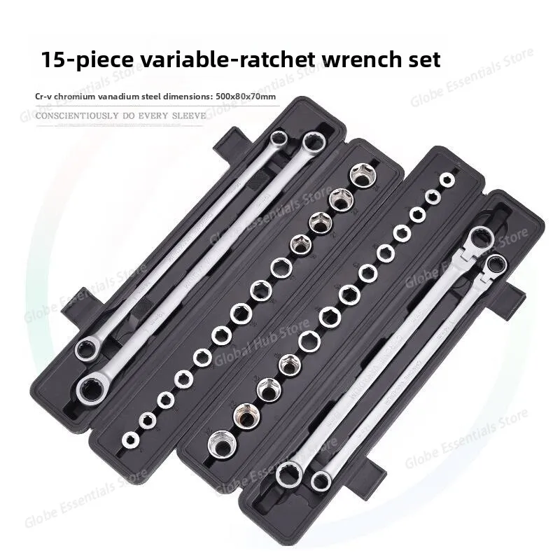 

15PCS Adjustable Ratchet Wrench Kit Chrome Vanadium Steel Labor-Saving Torque Spanner Socket Set For Car Repair Hand Tools