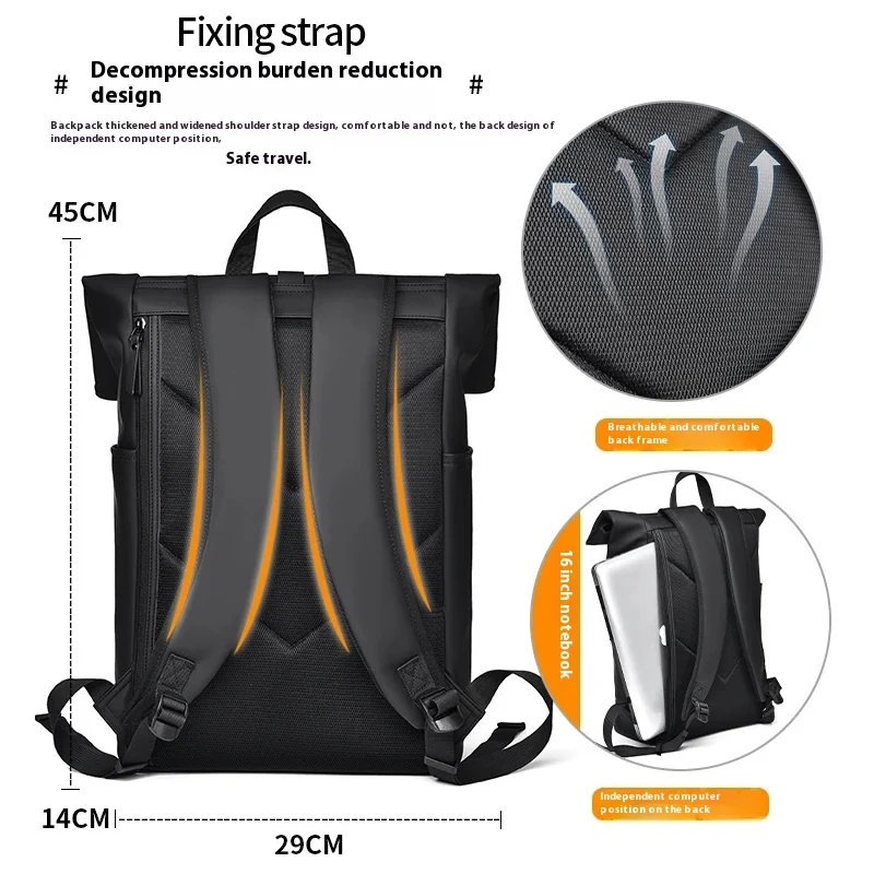 Men\'s Roll Top Large Capacity 15.6 Inch Laptop Backpack Reflective Diamond lattice Bags Waterproof PU leather Travel Backpack