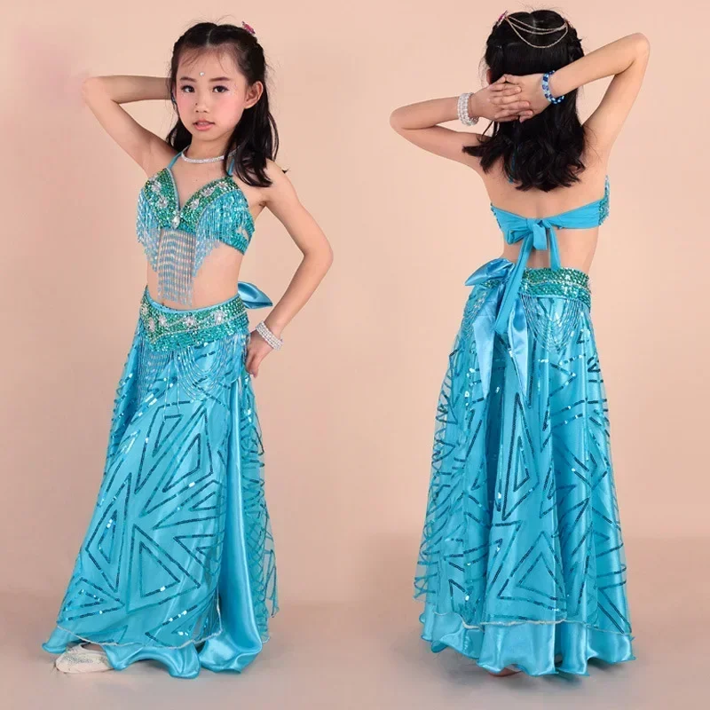 Belly Dance Children Indian fringe skirt Costume Set 3-pieces/set (bra+belt+dress) Bollywood Dance Costumes for Girls 8 colors