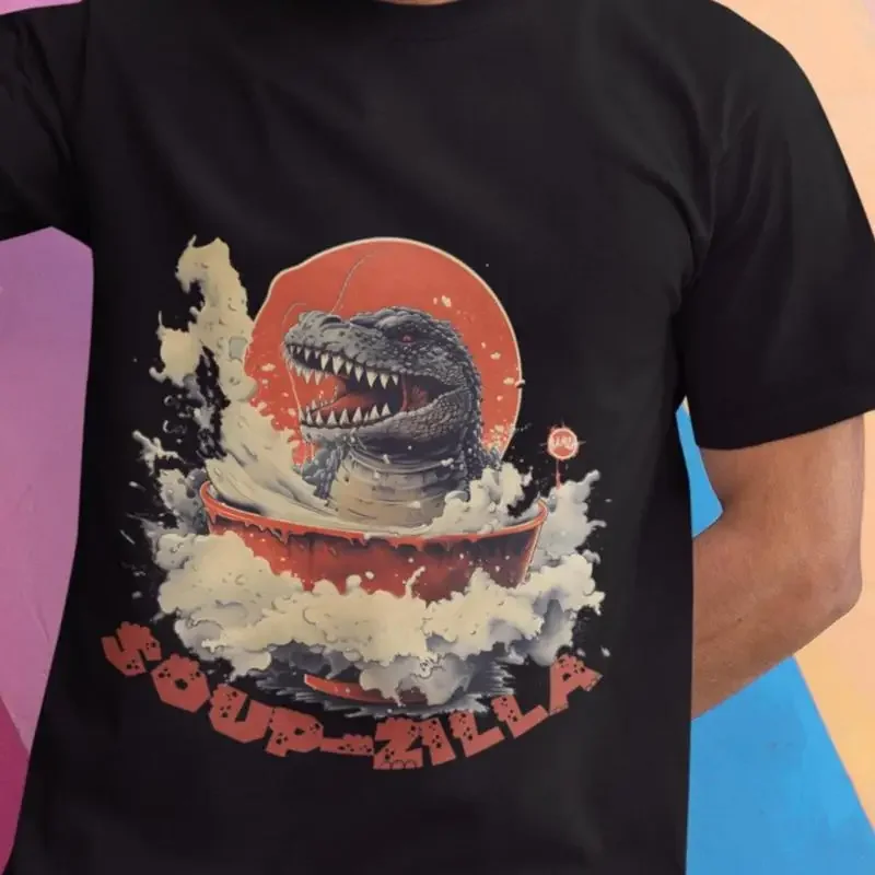 Camiseta de dinossauro Soup Zilla estilo japonês, camiseta engraçada para amantes de comida