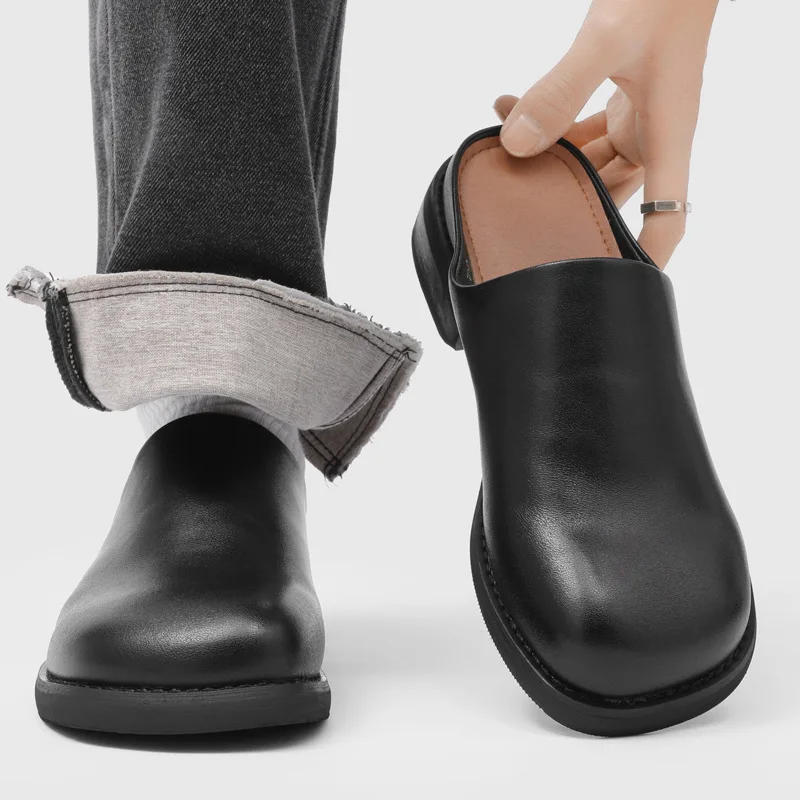 

Mens Leather Half Shoes Luxury Handmade Quality Comfortable 2026 Summer New Fashion British Style Outdoor Black Slippers for Man