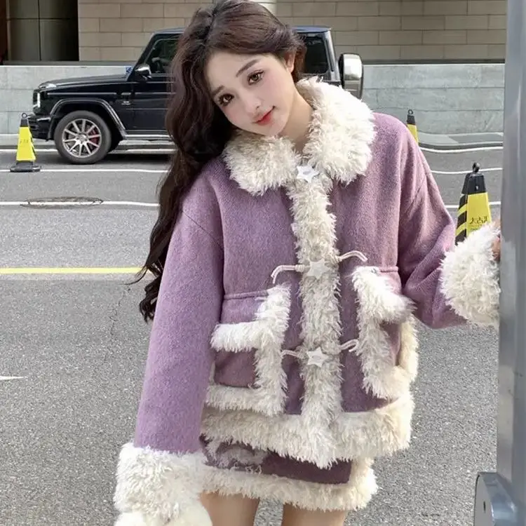 

Two-Piece College Style Patchwork Furry Long-Sleeved Coat A-Line High-Waisted Skirt Women 2024 Autumn And Winter New Set