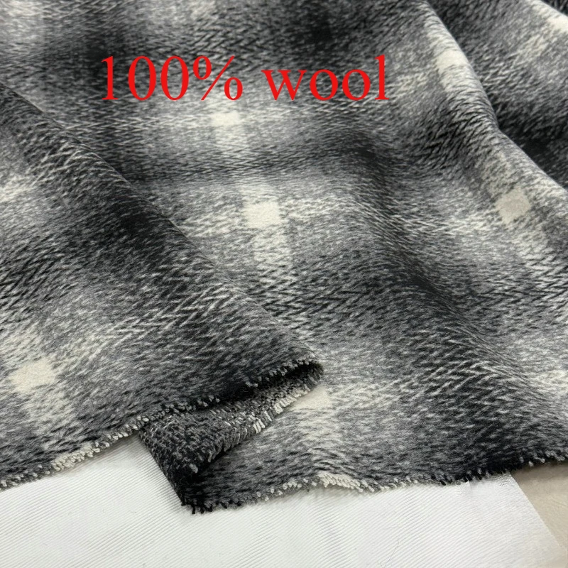 1Meter 100% Wool Black and White Smudged Plaid Single-sided Smooth Wool Fabric Autumn and Winter Coat Woolen Fabric
