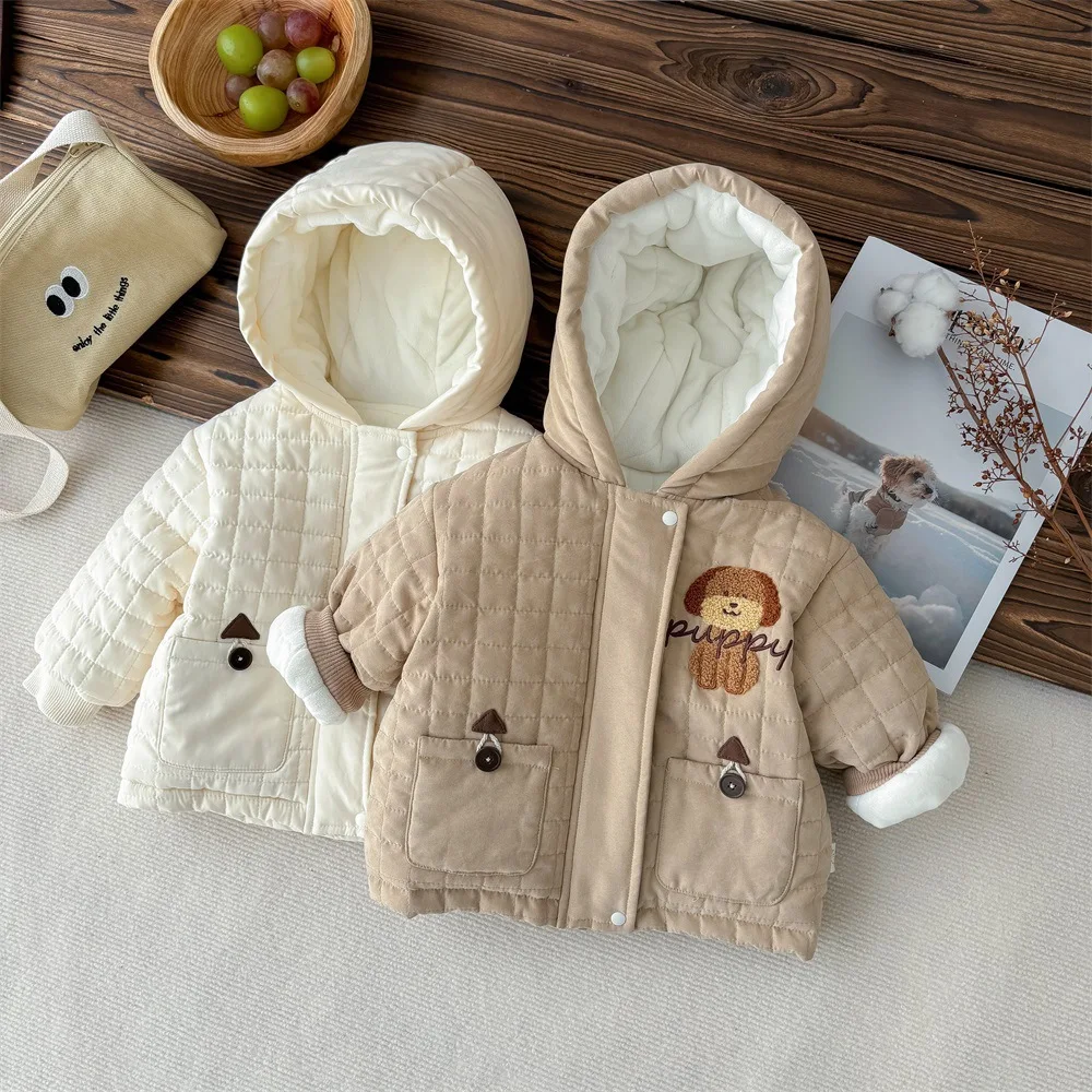 UNIFEMEN Baby Winter Parkas Thick Cotton Stylish Little Dogs Plush Infant Boys Jackets Warm Hooded Todddler Boys Outdoor Wear