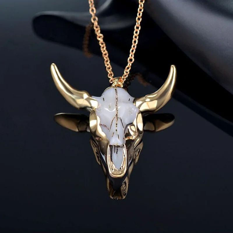 Colar de imitação de osso de vaca masculino maré de rua hip-hop com cabeça de vaca dourada pingente grande, acessórios de festa, moda
