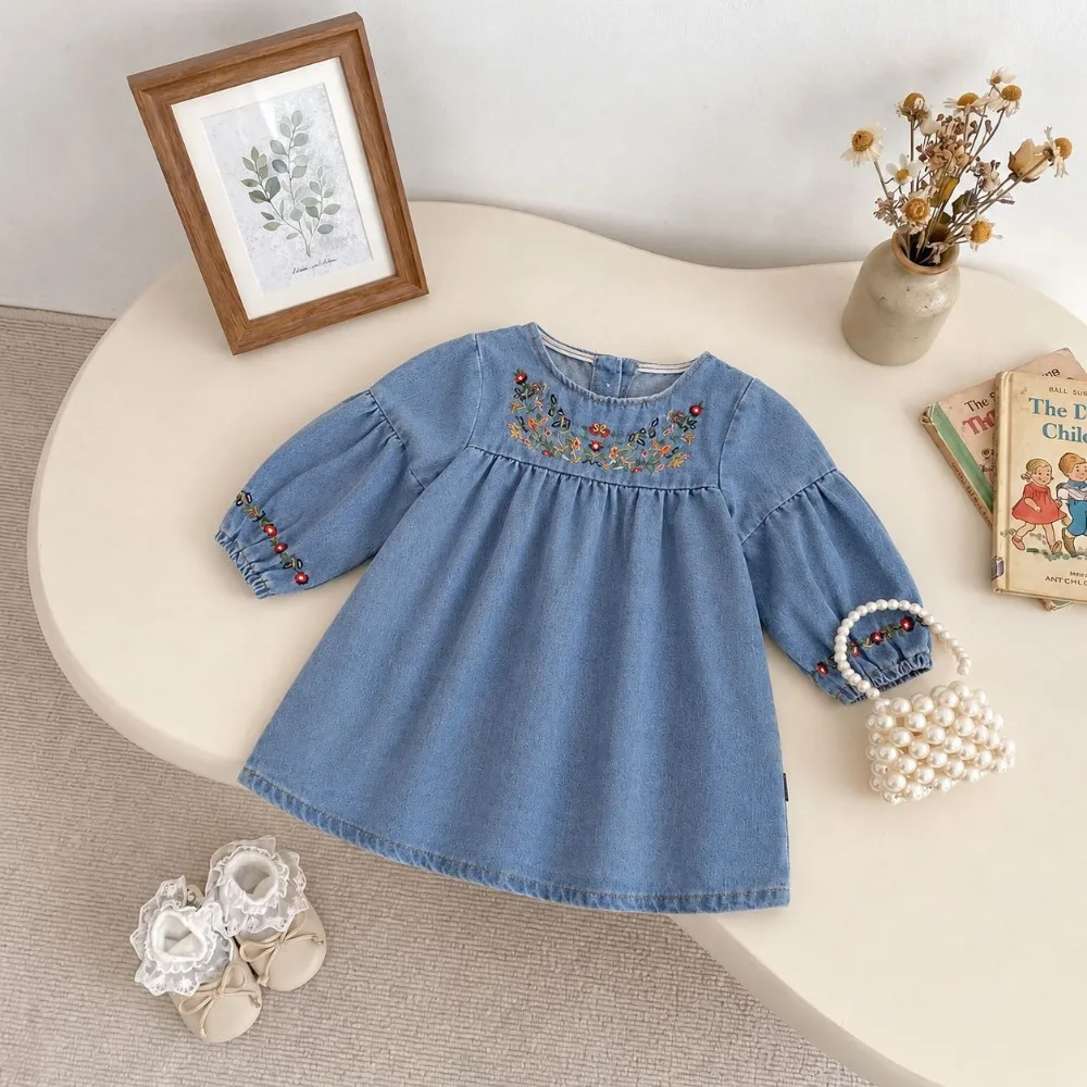 2026 Autumn New Korean Ethnic Embroidered Denim Dress, Pure Cotton Long Sleeve Casual Outfit For Little Medium Girls