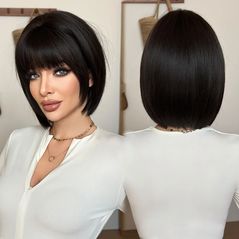 Black short hair  with full head cover and pompadour hairstyle