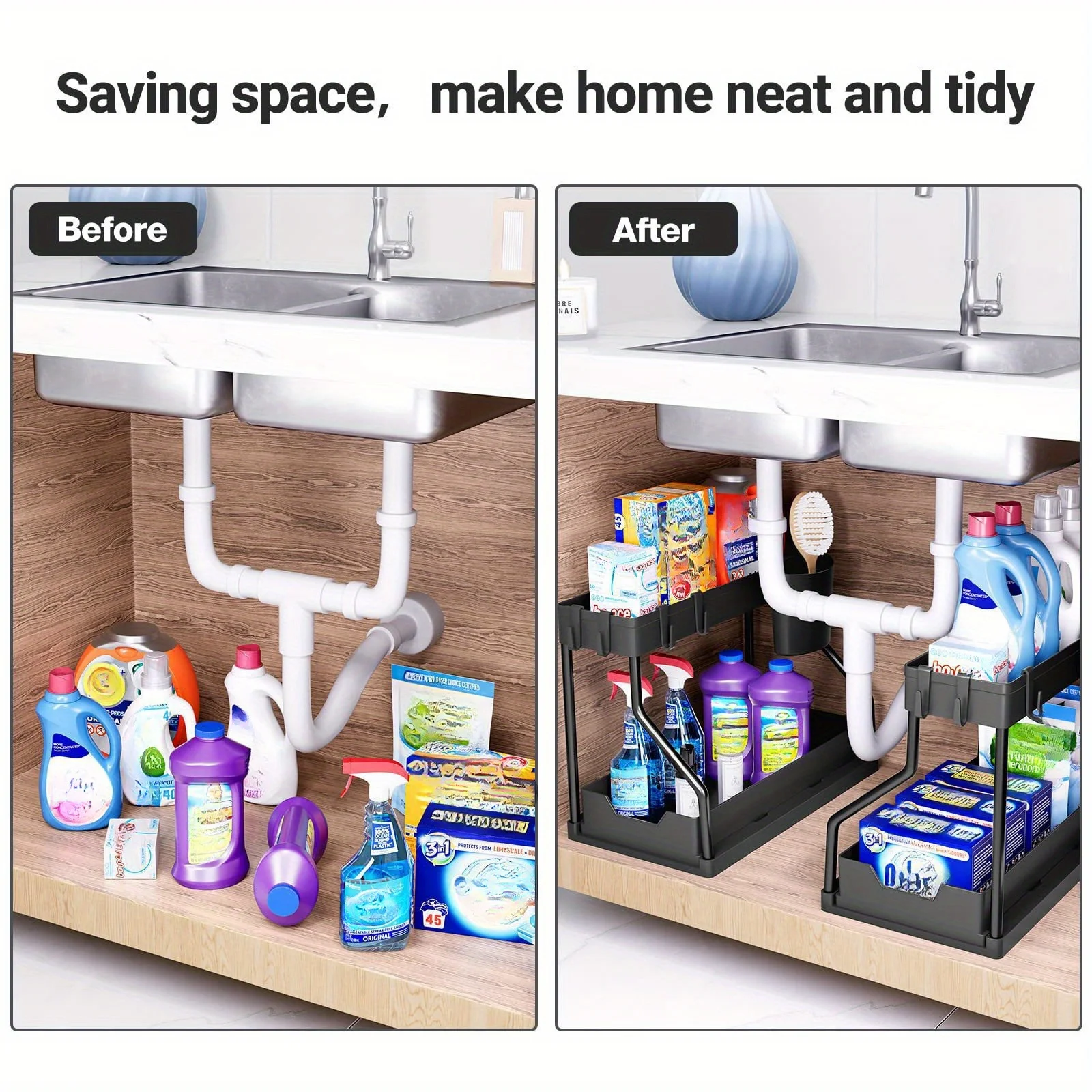 New double-layer pull-out rack, bathroom lower sink, kitchen storage rack view 3