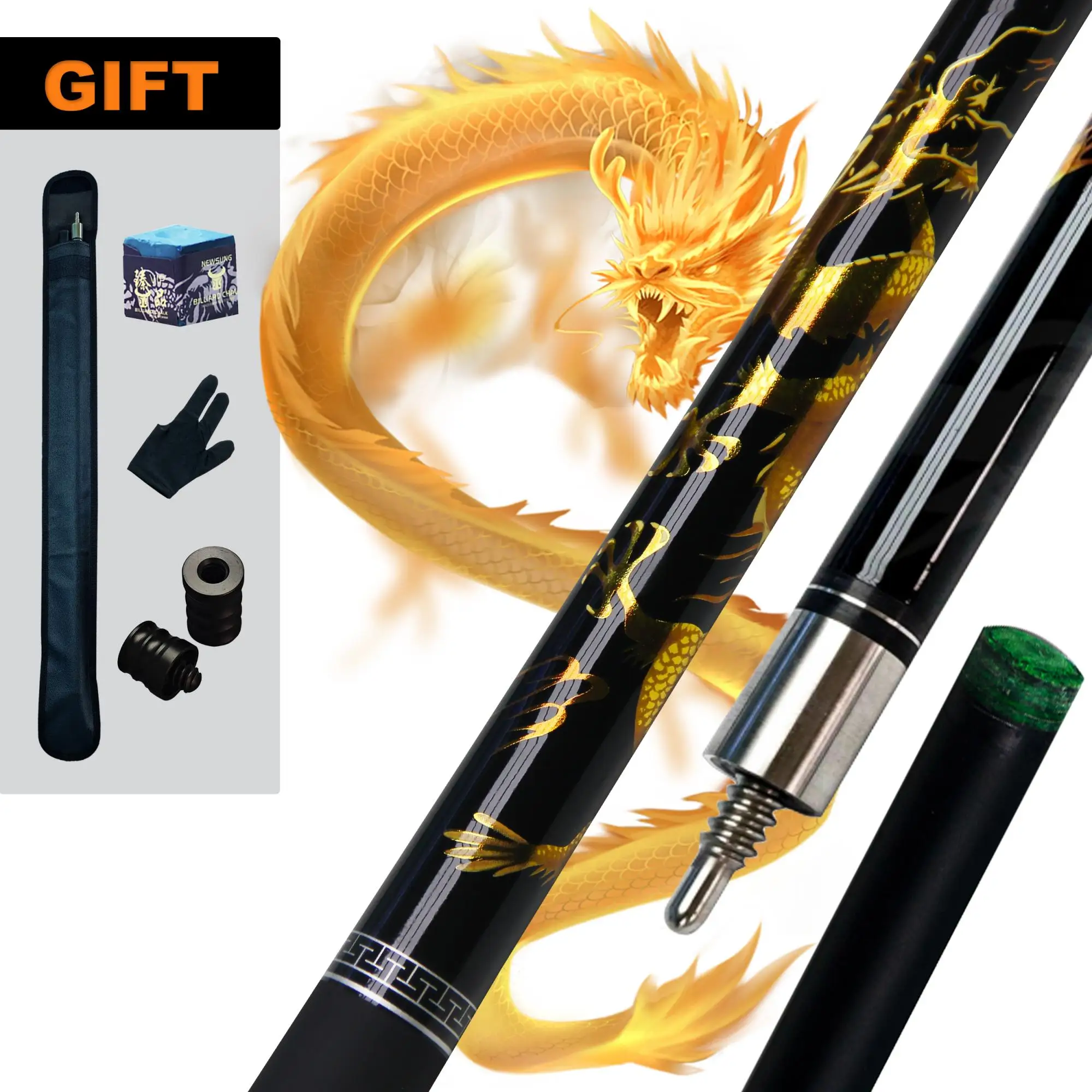 

12.5mm Green Tip Billiard Cue with Cue Bag, Gloves, and Protective Cap – Featuring Exquisite Golden Dragon Design| The Ultimate