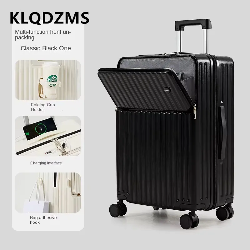 Klqdzms-車輪付きトロリーケース、ローリングスーツケース、荷物、フロント開口部、USB充電、腹筋およびPC、搭乗ケース、20 "、22" 、24 "、26" 、28"