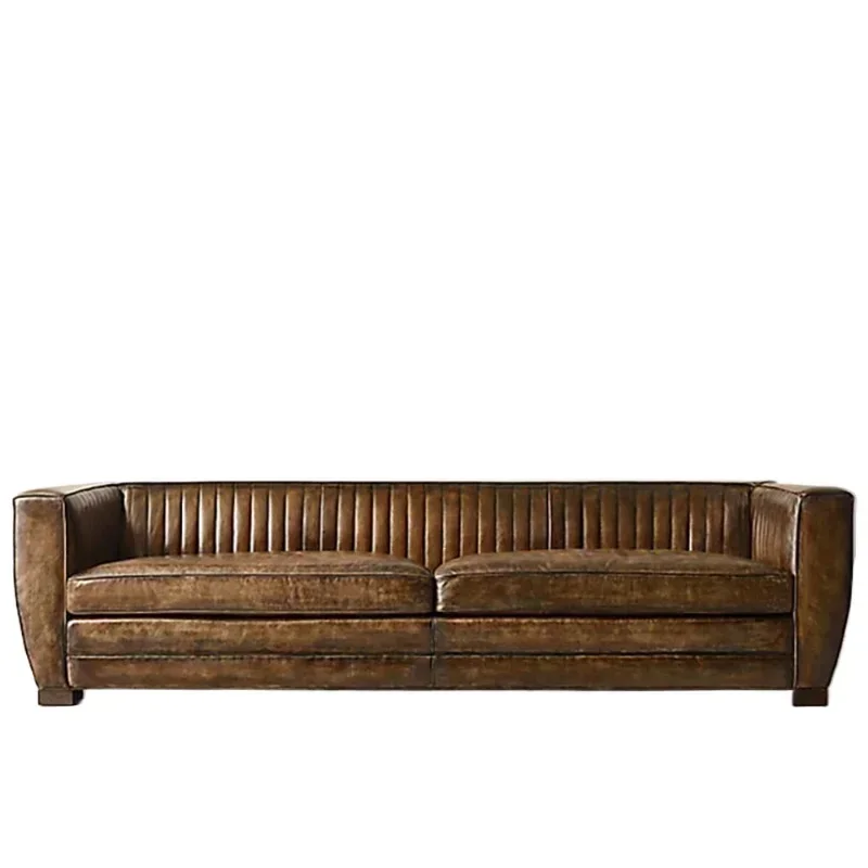 Italian minimalist American three-person sofa small apartment living room retro oil wax leather leather buckle designer sofa