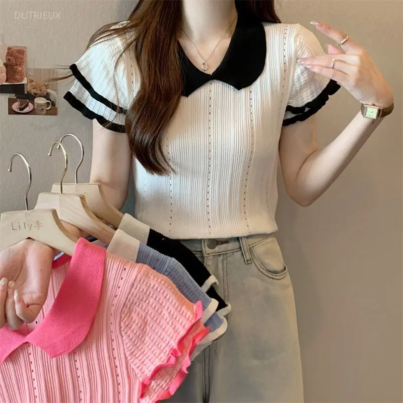 Thin Knit T Shirt For Women Spring Summer Color Blocking Ropa De Mujer Korean Fashion Versatile Short T-shirts