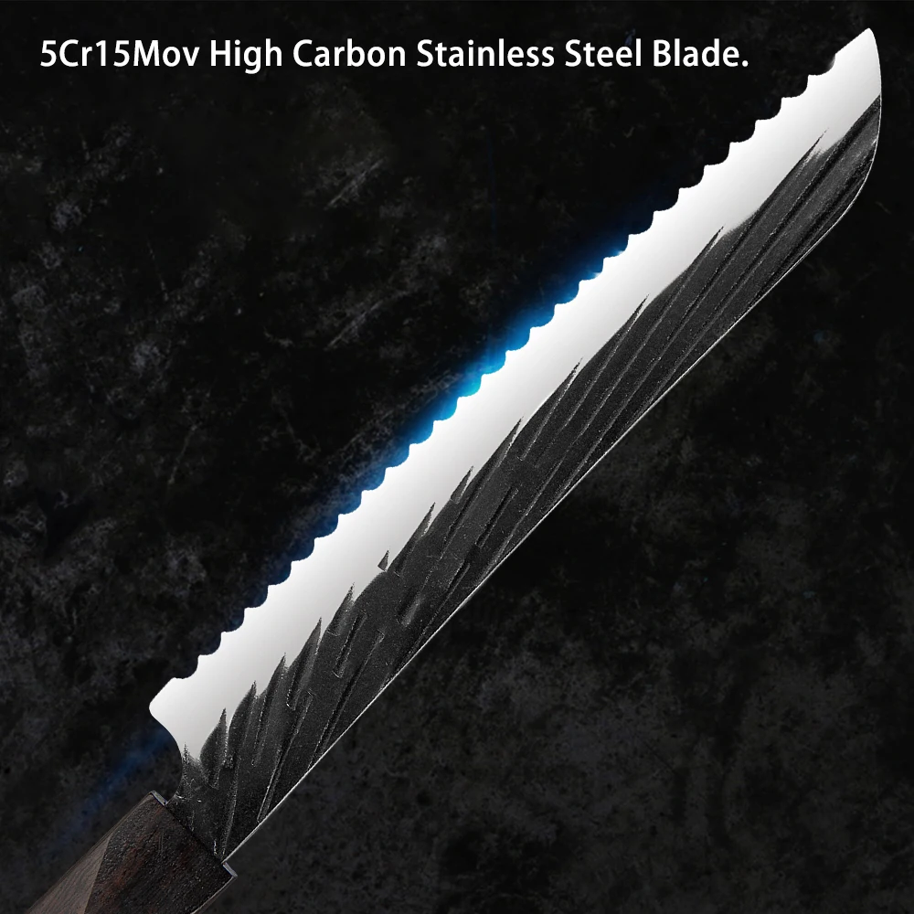 Cuchillo de pan forjado hecho a mano, rebanador de queso japonés de 8 pulgadas, cuchillo dentado para pastel, acero inoxidable de alto carbono, mango de ébano
