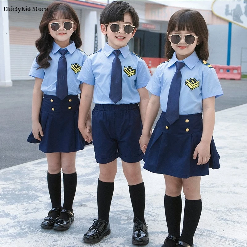 

Children Summer Captain Uniform Boys Pilot Costumes Shirt Tie Shorts Girls Blouse Skirts School Outfit Kids Cosplay Clothes Sets