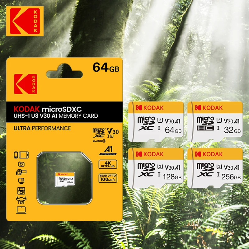 Kodak Micro SD การ์ด64GB 32GB คลาส10แฟลชการ์ดความจำ128GB 256GB Mini TF สูงถึง98เมกะไบต์/วินาทีสำหรับกล้องสมาร์ทโฟน