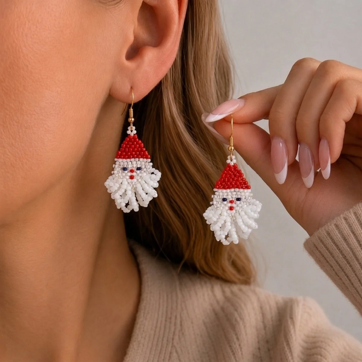 Weihnachtliche Ohrringe in Form eines Hauses mit Reisperlen für Damen, bunte Perlen, Weihnachtsmann, Rentier, Schneeflocke, Baum, Schleifen-Ohrringe, Schmuck. – Detail 14